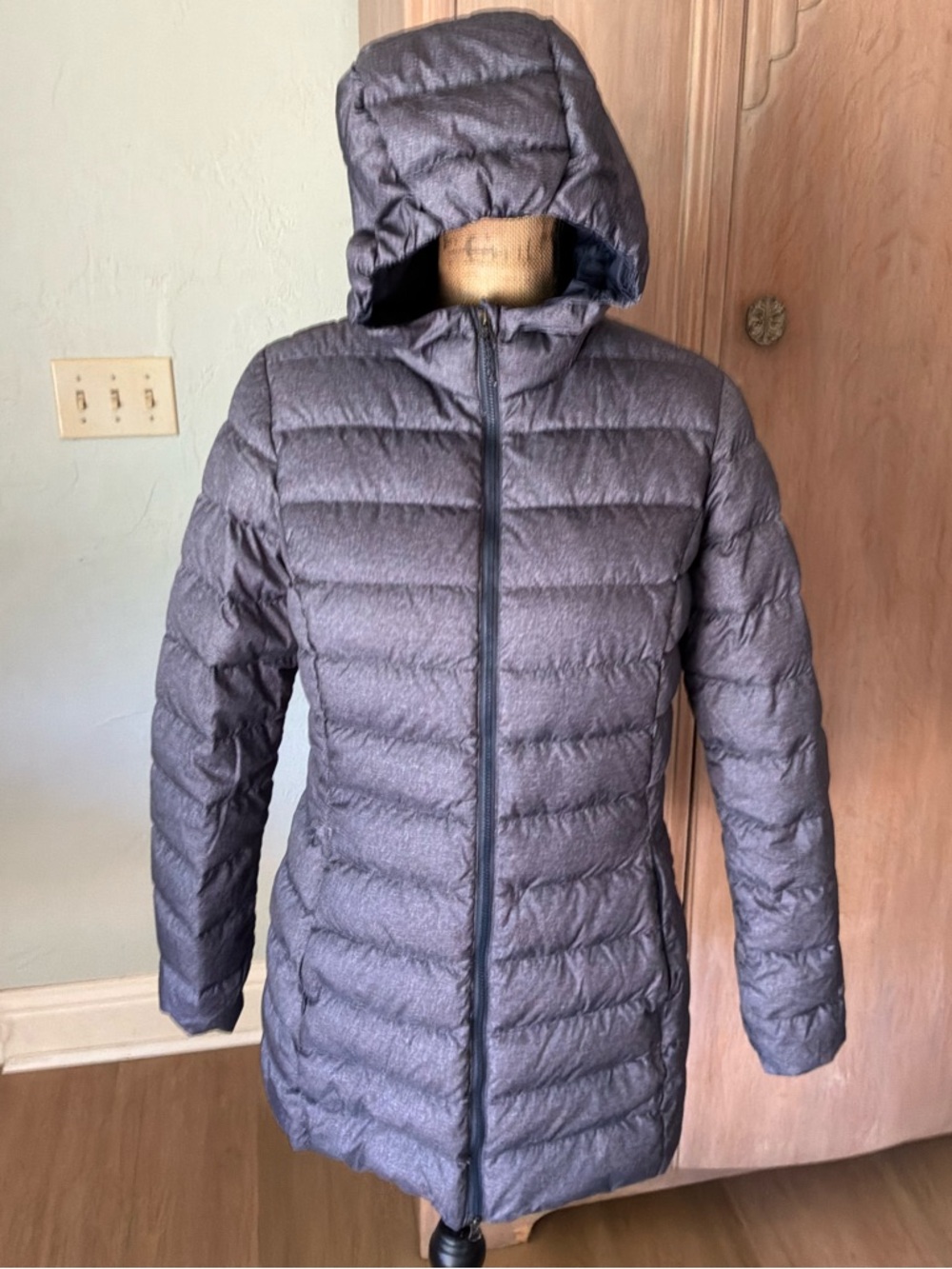 Eddie Bauer Long Hooded Down Puffer Jacket heather Gray warm small